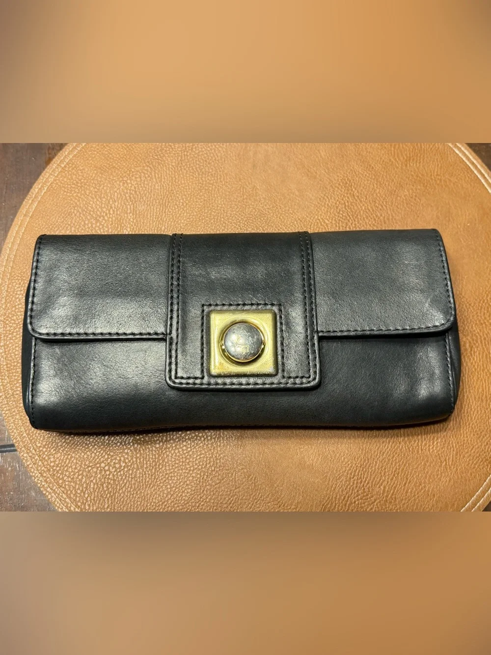 Banana Republic Classic Black Leather Clutch Wallet with Gold Accent